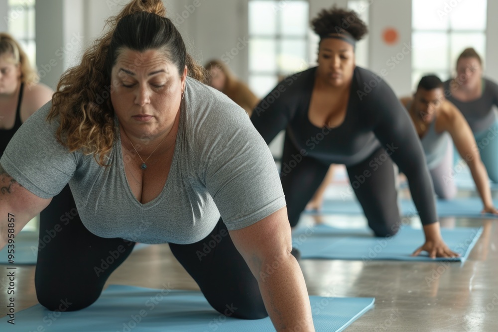 Obraz premium Empowering Group Yoga Session for Plus-Size Women - Fitness, Wellness, and Self-Care