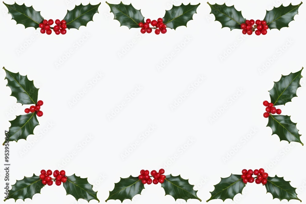 holly leaves and red berries border with white background holly leaves and red berries border with white background