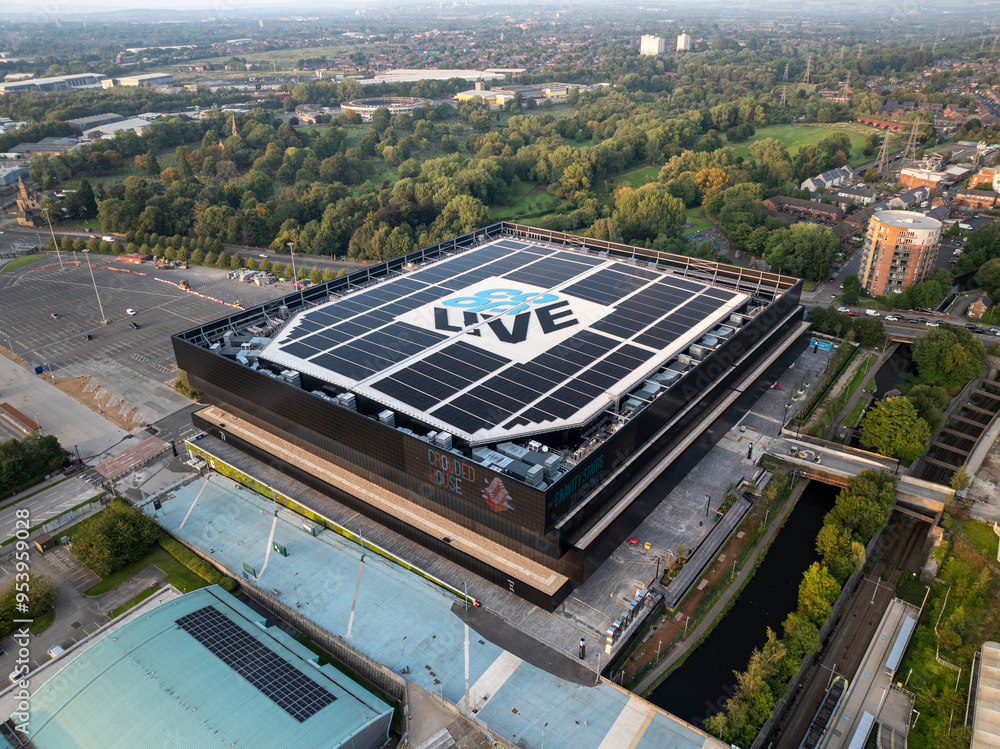 An aerial view of a large rectangular CO-OP Live Arena in Manchester ...