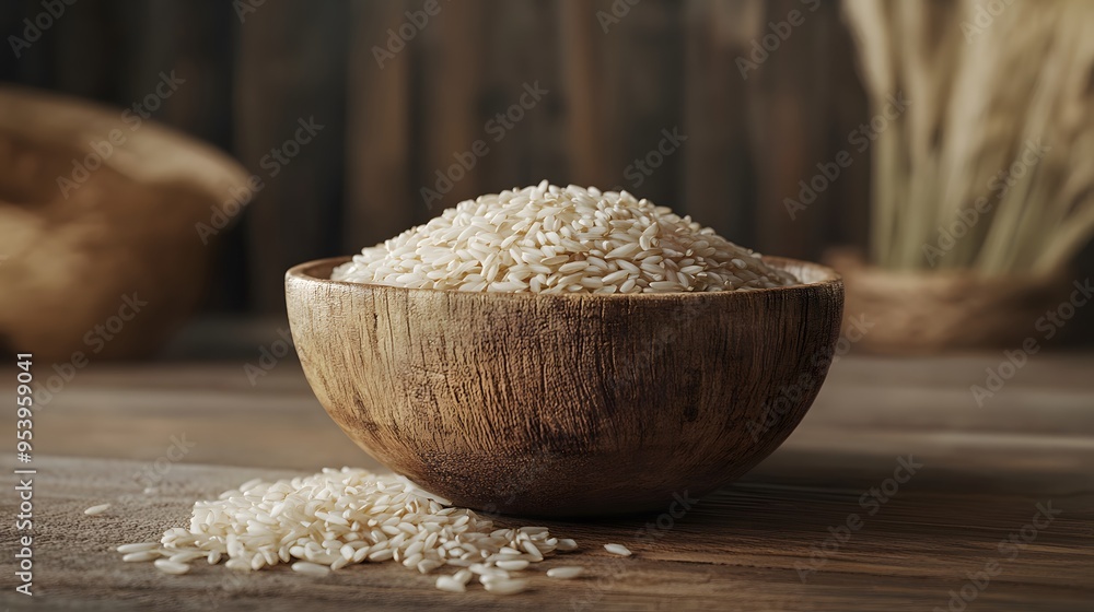 Close-up of a wooden bowl filled with uncooked rice on a rustic table, showcasing the texture and natural colors of the grain. Close-up of a wooden bowl filled with uncooked rice on a rustic table, showcasing the texture and natural colors of the grain.
