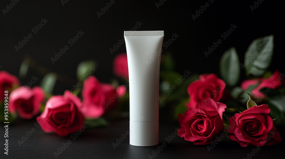 Product mockup for luxury cream with red roses Product mockup for luxury cream with red roses