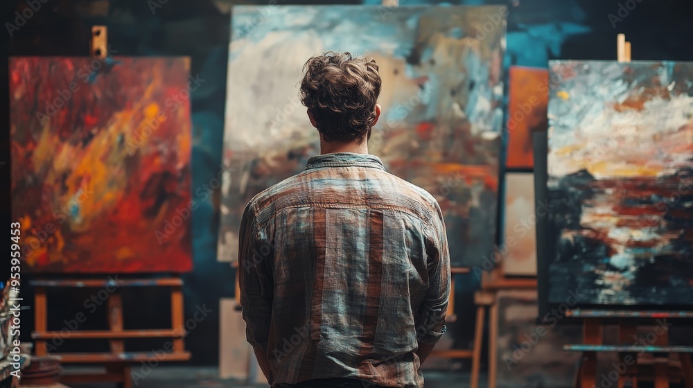 Artist standing in gallery composition background Artist standing in gallery composition background