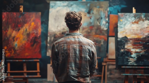 Artist standing in gallery composition background