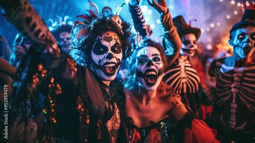 Festive halloween people dance in skeleton costumes