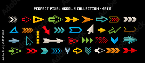 Colorful Pixel Arrow icons and Pointer signs in 8-bit retro  game style. Editable 8-Bit pixel Cursors and Arrows symbols and retro game assets element. Editable Vector Isolated on white background