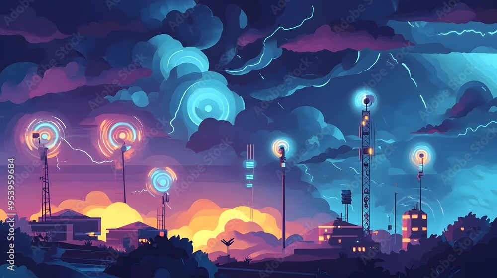 Obraz premium Detailed graphic depicting an IoT powered network of weather stations monitoring and analyzing storm formation movement and environmental data in real time