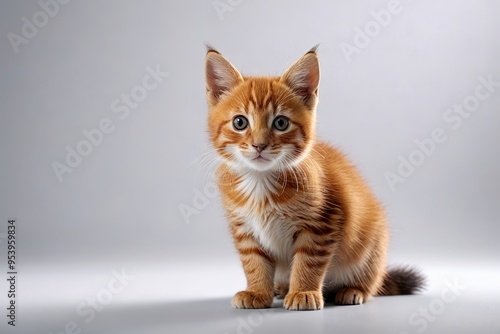 there is a small orange kitten sitting on a white surface 