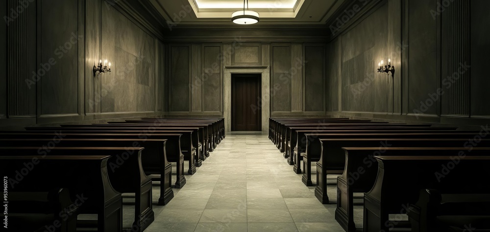 A serene interior of an empty hall with wooden benches, soft lighting, and an open door, ideal for various themes of calm and reflection. A serene interior of an empty hall with wooden benches, soft lighting, and an open door, ideal for various themes of calm and reflection.