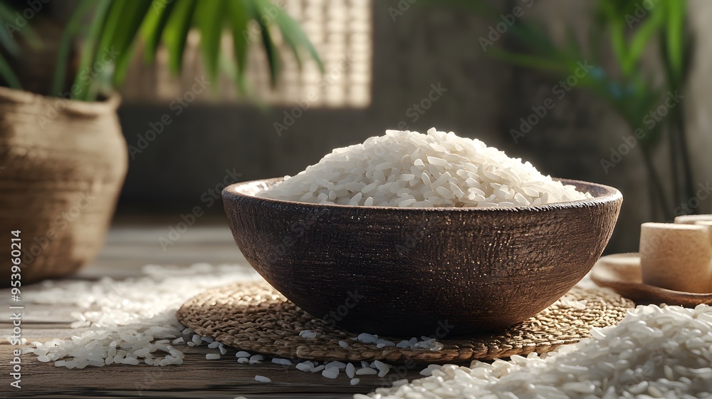 Organic rice in a rustic bowl, with grains spilling slightly around it for an inviting look Organic rice in a rustic bowl, with grains spilling slightly around it for an inviting look