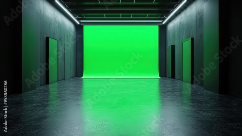 Modern green screen studio with polished concrete floors and black walls, ideal for film production and virtual sets.