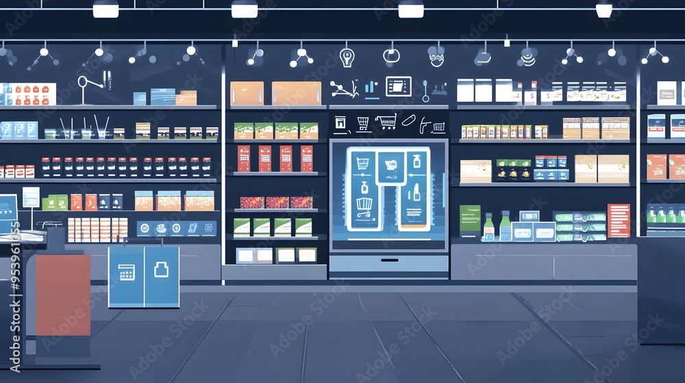 Futuristic of IoT integrated retail shelves featuring interactive customer displays for improved product management sales optimization and enhanced shopping experience Futuristic of IoT integrated retail shelves featuring interactive customer displays for improved product management sales optimization and enhanced shopping experience