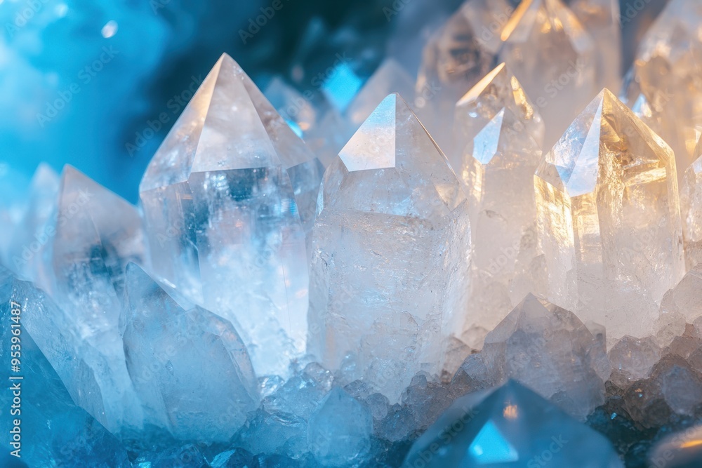 A close-up of transparent quartz crystals, arranged in an array on the right side of the frame A close-up of transparent quartz crystals, arranged in an array on the right side of the frame