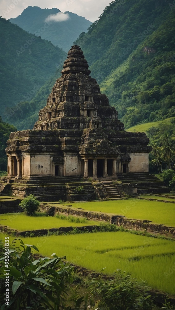 An ancient stone temple complex nestled in a lush green valley, combining natural and historical elements. An ancient stone temple complex nestled in a lush green valley, combining natural and historical elements.