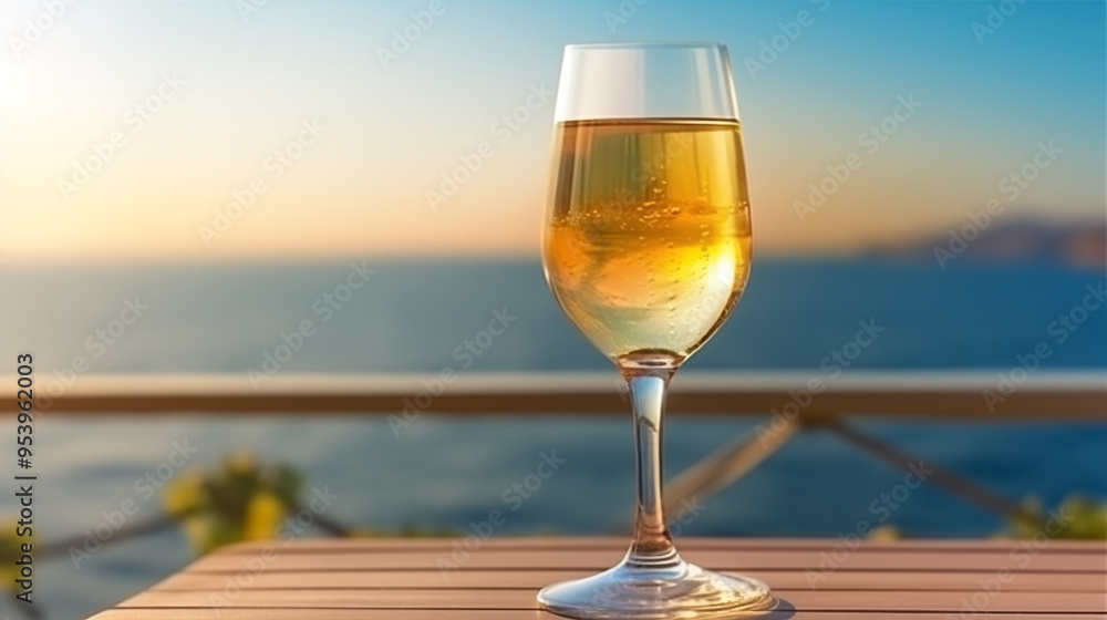 A glass of white wine. Wine against the backdrop of the sea coast and a sunny summer beach. Wine tasting and relaxation at the resort A glass of white wine. Wine against the backdrop of the sea coast and a sunny summer beach. Wine tasting and relaxation at the resort