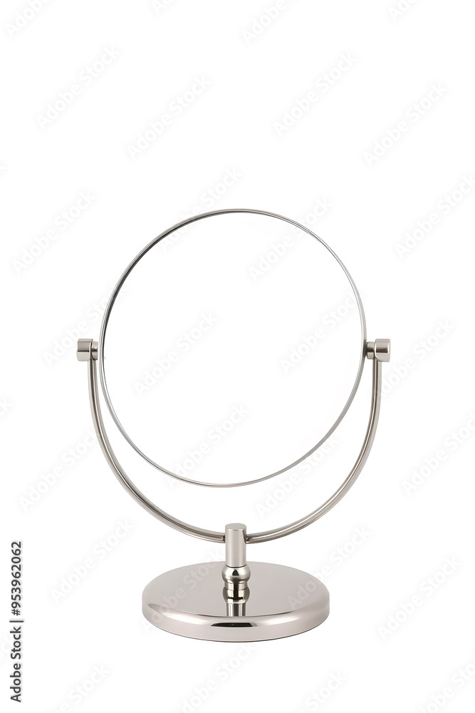 A sleek, modern tabletop mirror with a circular design and a nickel finish. The mirror is double-sided, allowing for regular and magnified reflections, and features a sturdy base for stability. A sleek, modern tabletop mirror with a circular design and a nickel finish. The mirror is double-sided, allowing for regular and magnified reflections, and features a sturdy base for stability.