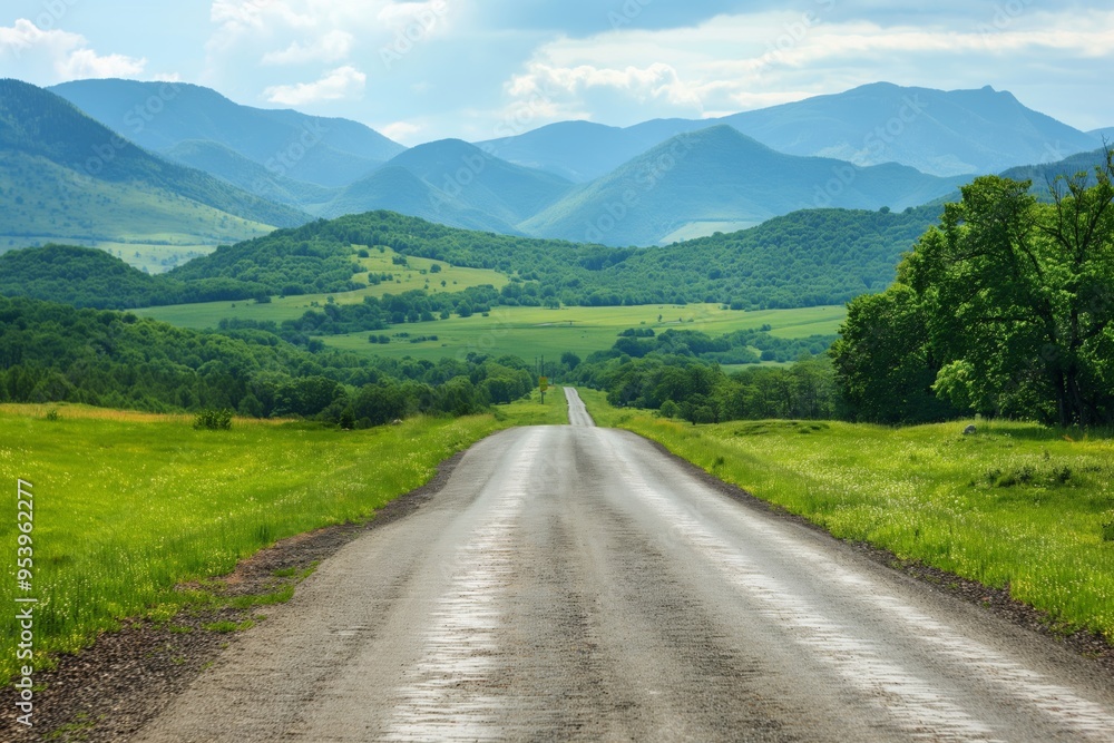 Fototapeta premium A road with a long grassy field in the background. The road is empty and the sky is cloudy