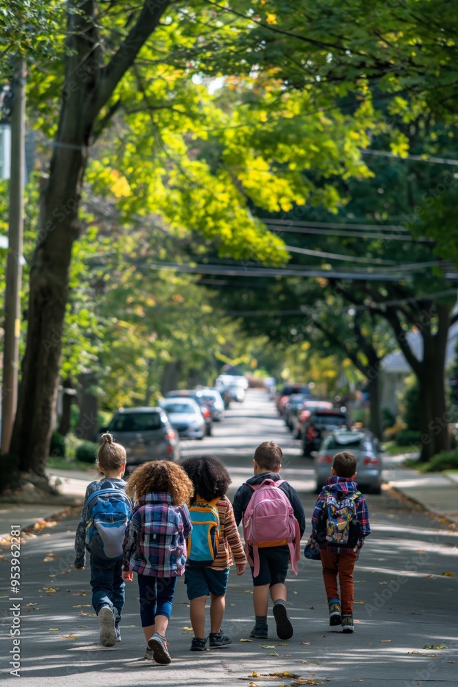 Obraz premium A group of children walking down a street with backpacks. Scene is lighthearted and playful, as the children are enjoying their walk together