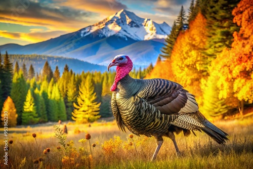 A proud wild turkey struts through a vibrant autumn forest, its iridescent feathers glistening in the warm sunlight, photo