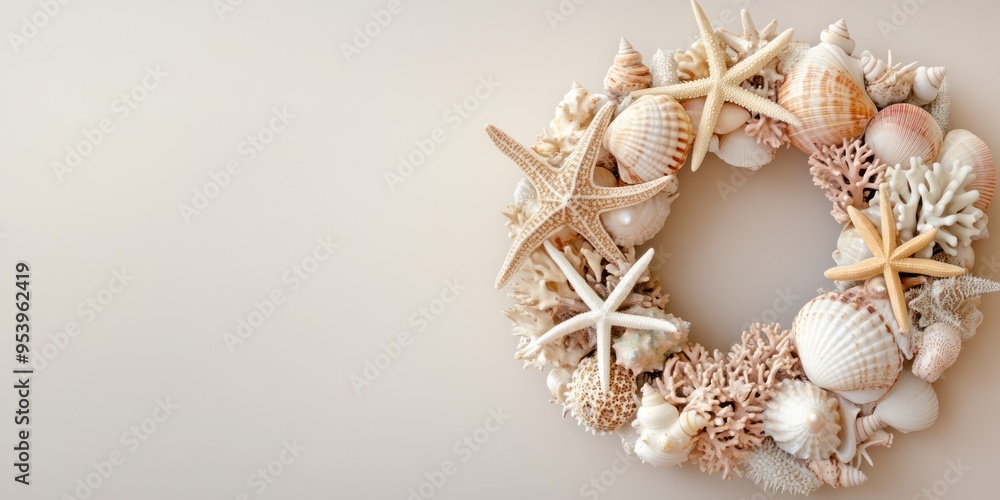 A coastal-themed wreath made of seashells, starfish and coral, hanging on an empty beige wall A coastal-themed wreath made of seashells, starfish and coral, hanging on an empty beige wall