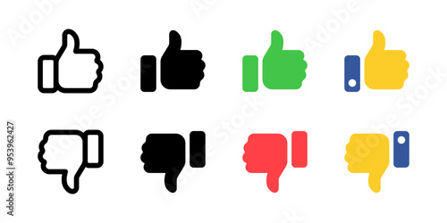 Thumbs up icon. Thumb down symbol. Like button finger up vector illustration. Dislike sign. Approve pictogram. Hand finger emoji. Positive and negative vote concept.