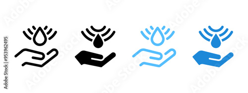 Sensor hand water tap icon. Automatic soap dispenser symbol. Touch signal sanitizer vector illustration. Gesture control WC hygiene sign. Wall disinfectant pump with sensor control pictogram.