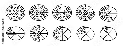 Pizza slice circle segmentation outline icon set. Piece of pizza pie portion division vector illustration. Half of pizza section line pictogram collection.