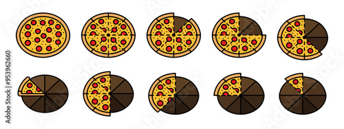Sliced pizza colored icon set. Pepperoni part circle division vector illustration. Salami pizza pie portion symbol. Cartoon piece of pizza fraction pictogram collection.