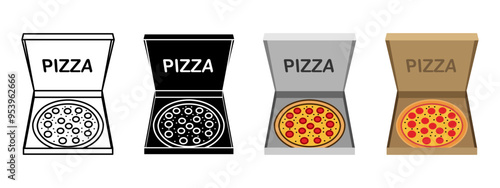 Open pizza box icon. Pizza delivery cardboard package vector illustration. Pizzeria order symbol. Isometric square pizza box pictogram. Italian fast food dinner concept on white background.
