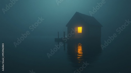 A small house is sitting on a dock in the middle of a foggy night