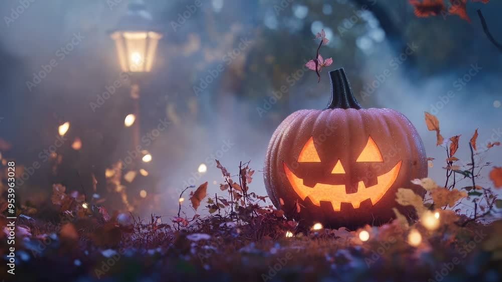 Glowing jack-o-lantern in autumn forest with lantern and falling leaves. Glowing jack-o-lantern in autumn forest with lantern and falling leaves.