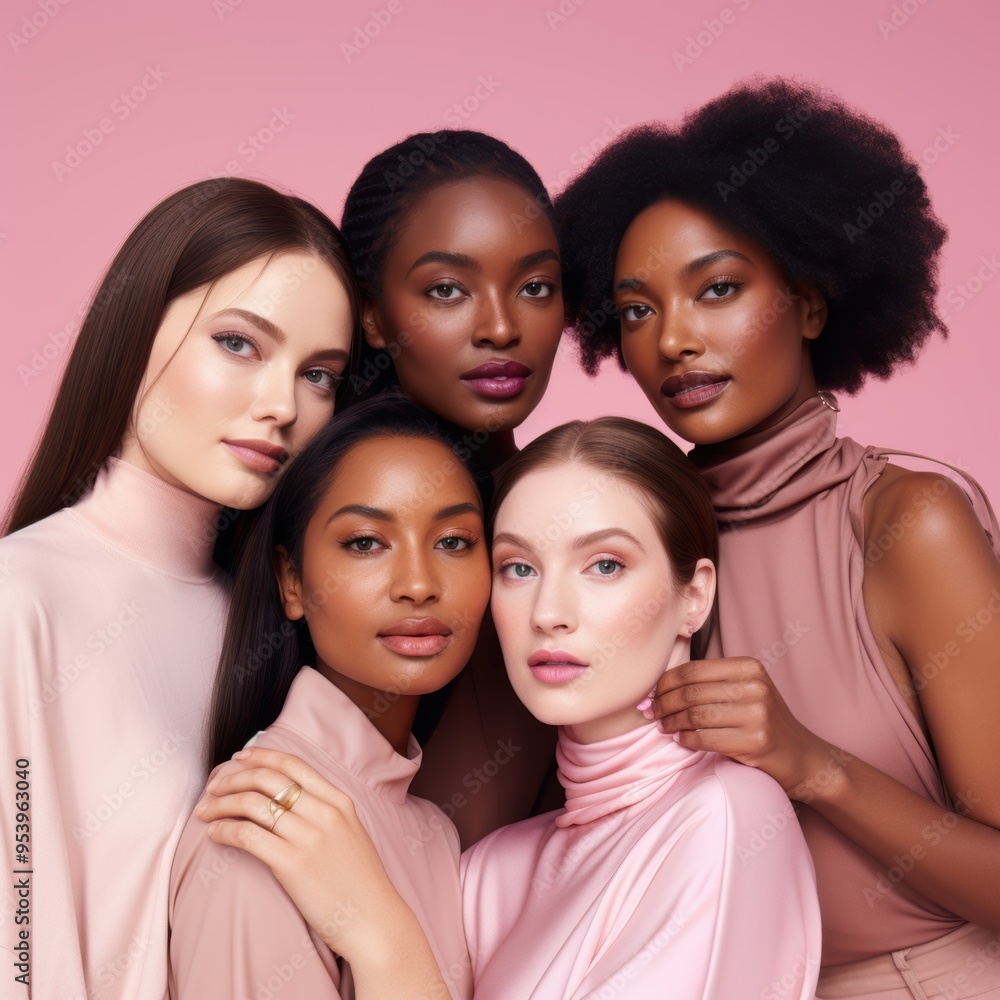 Group close up portrait of people in studio with different skin tones on pink background Group close up portrait of people in studio with different skin tones on pink background
