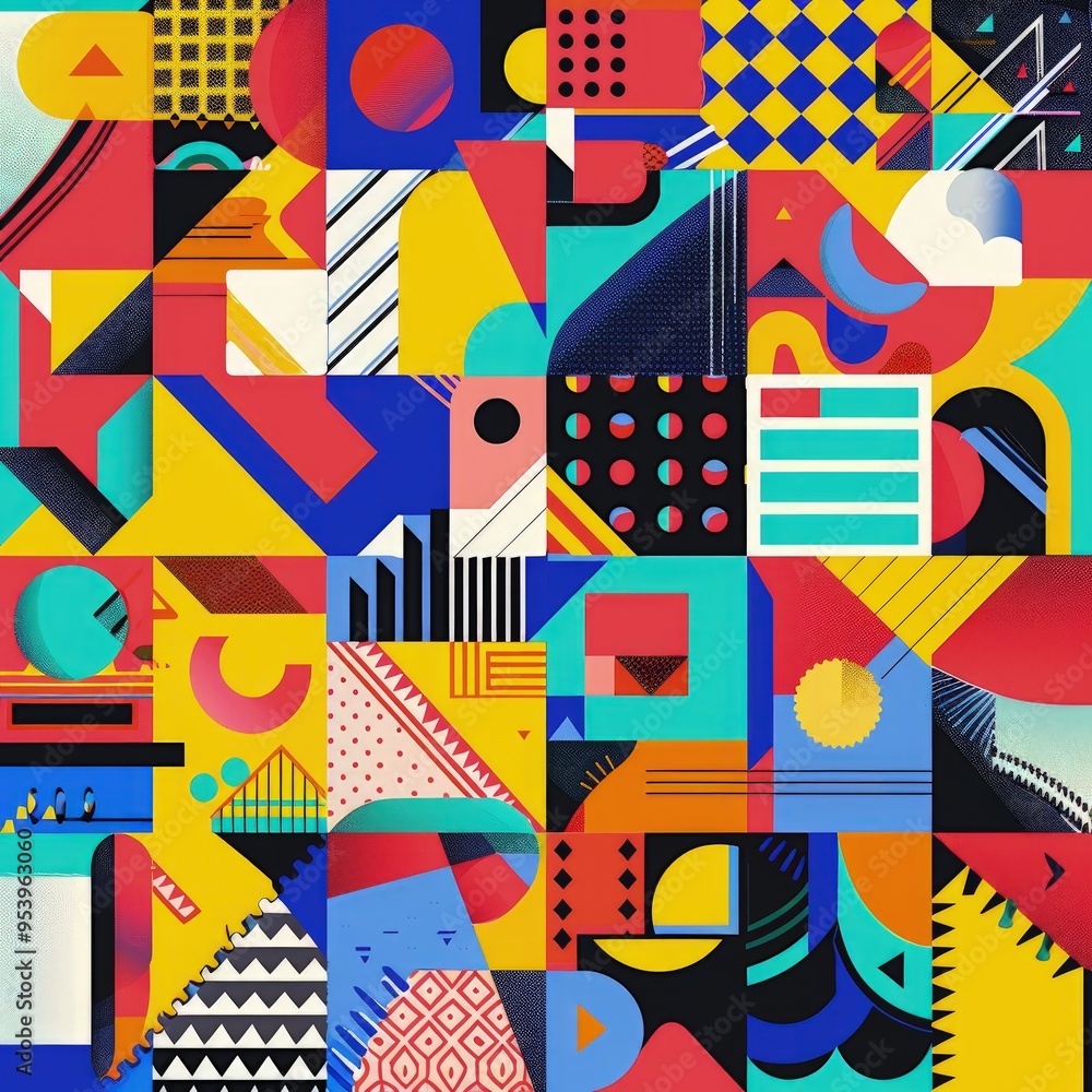 Obraz premium A vibrant abstract composition featuring geometric shapes and bold colors, showcasing a dynamic interplay of patterns.
