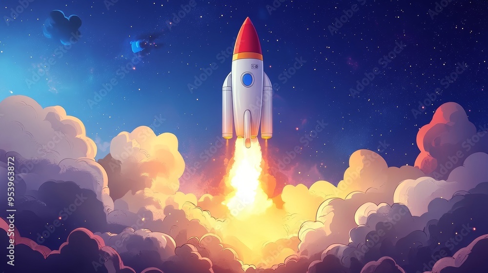 A colorful rocket launching into the night sky, surrounded by vibrant clouds and stars in a whimsical, dreamlike atmosphere A colorful rocket launching into the night sky, surrounded by vibrant clouds and stars in a whimsical, dreamlike atmosphere