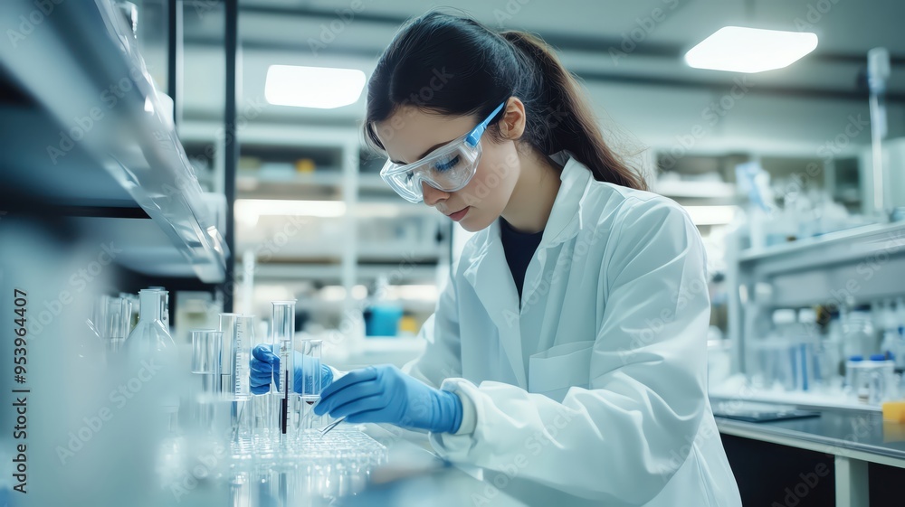 Female scientist working in a laboratory, conducting experiments. Female scientist working in a laboratory, conducting experiments.