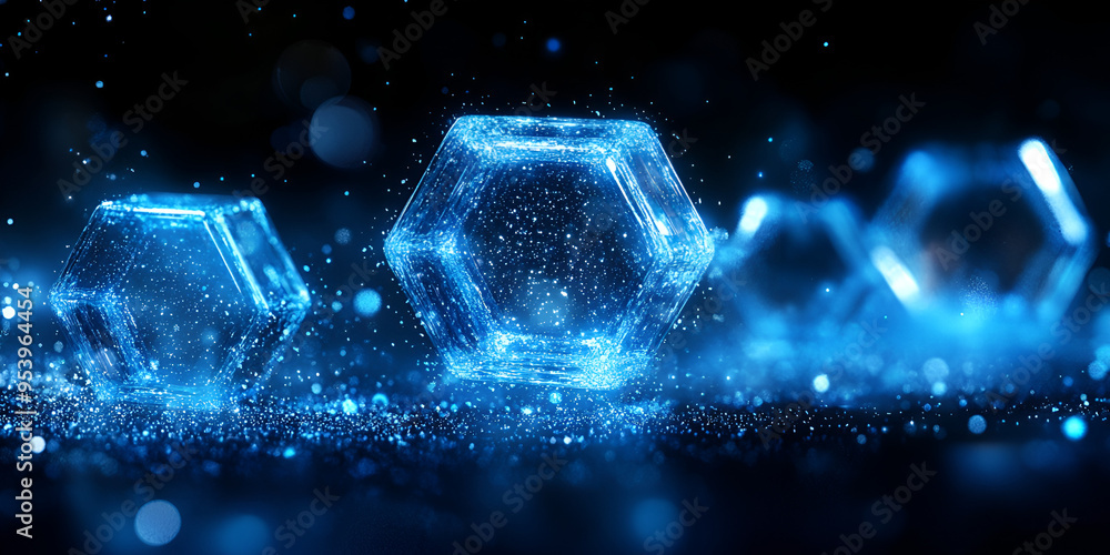 Fototapeta premium Glowing hexagonal crystals shimmering with light on a dark background, creating a mesmerizing visual effect in a futuristic setting