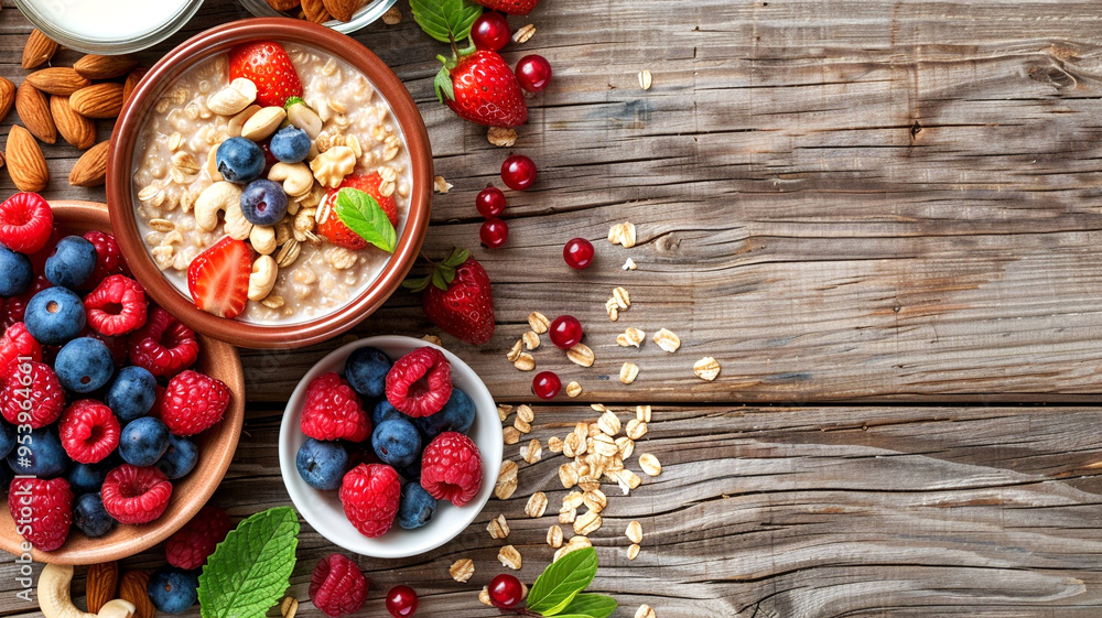 Healthy breakfast with oatmeal, fresh berries, nuts, and yogurt on wooden table Healthy breakfast with oatmeal, fresh berries, nuts, and yogurt on wooden table