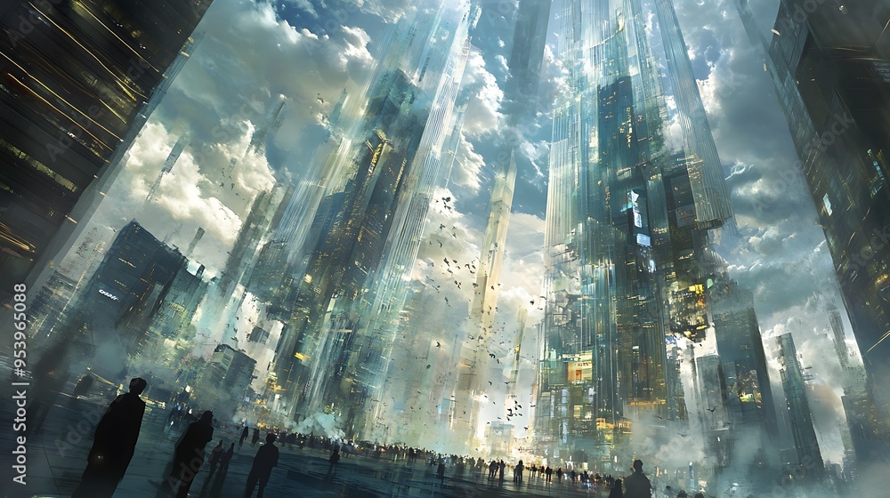 Obraz premium Silhouetted figures gazing upwards at a futuristic cityscape