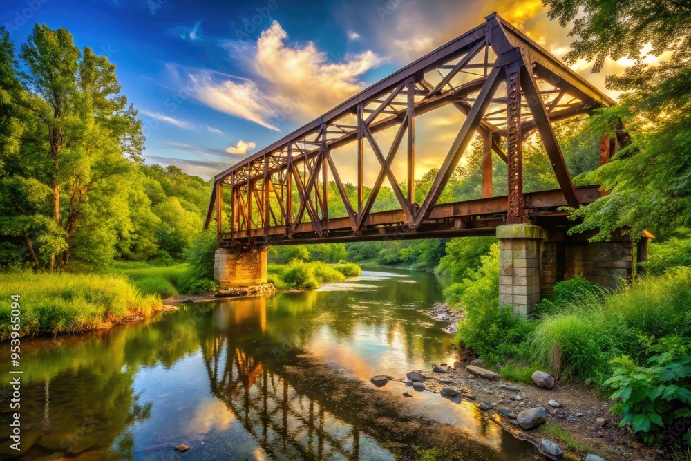 Fototapeta premium A rugged rusty old steel railroad bridge spans a serene rural creek, surrounded by lush greenery and overgrown vegetation, in warm golden afternoon light.