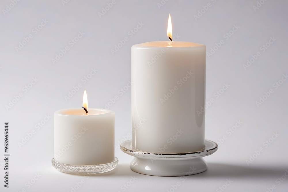 candles are lit on a white table with a glass holder candles are lit on a white table with a glass holder