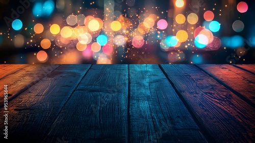 Wallpaper Mural Rustic wooden tabletop with colorful bokeh lights in the background, creating a festive atmosphere, perfect for holiday-themed designs. Torontodigital.ca