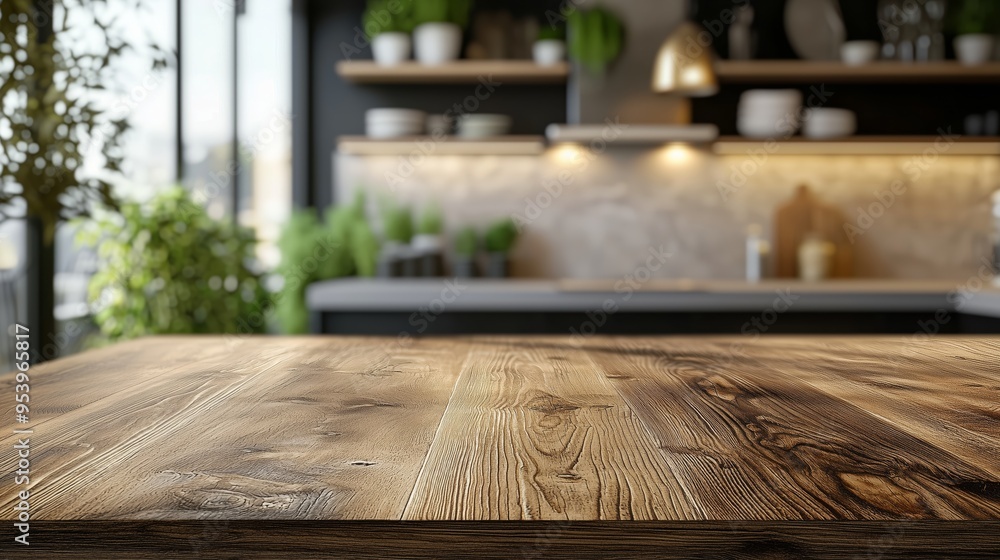 A rustic wooden table in a stylish modern kitchen, featuring warm lighting and natural elements, ideal for home decor or lifestyle themes. A rustic wooden table in a stylish modern kitchen, featuring warm lighting and natural elements, ideal for home decor or lifestyle themes.