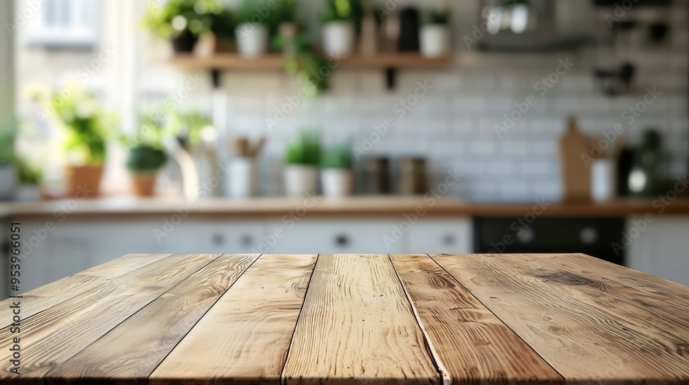 Rustic wooden tabletop with a blurred modern kitchen in the background, perfect for product presentations or cooking-themed designs. Rustic wooden tabletop with a blurred modern kitchen in the background, perfect for product presentations or cooking-themed designs.