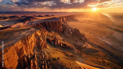 Aerial view of dramatic desert cliffs at sunset, scenic landscape. Nature exploration and adventure concept