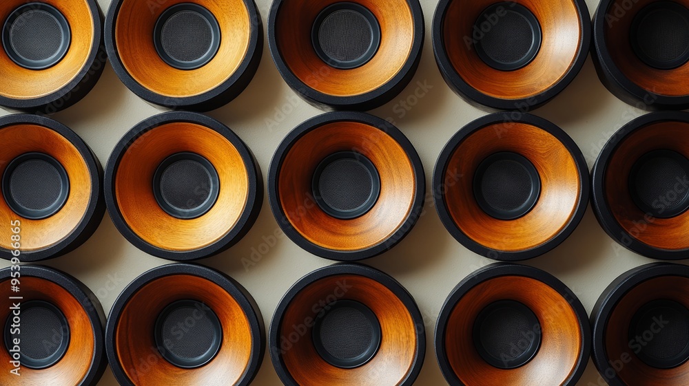 Pattern of orange and black speakers in a modern audio setup Pattern of orange and black speakers in a modern audio setup