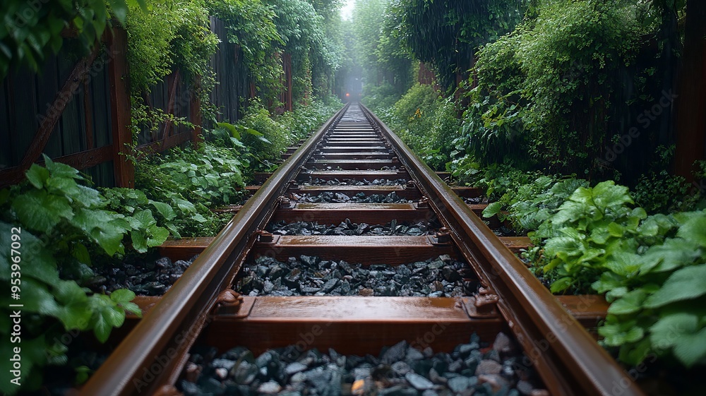 Obraz premium Train Tracks Disappearing into a Lush Green Tunnel