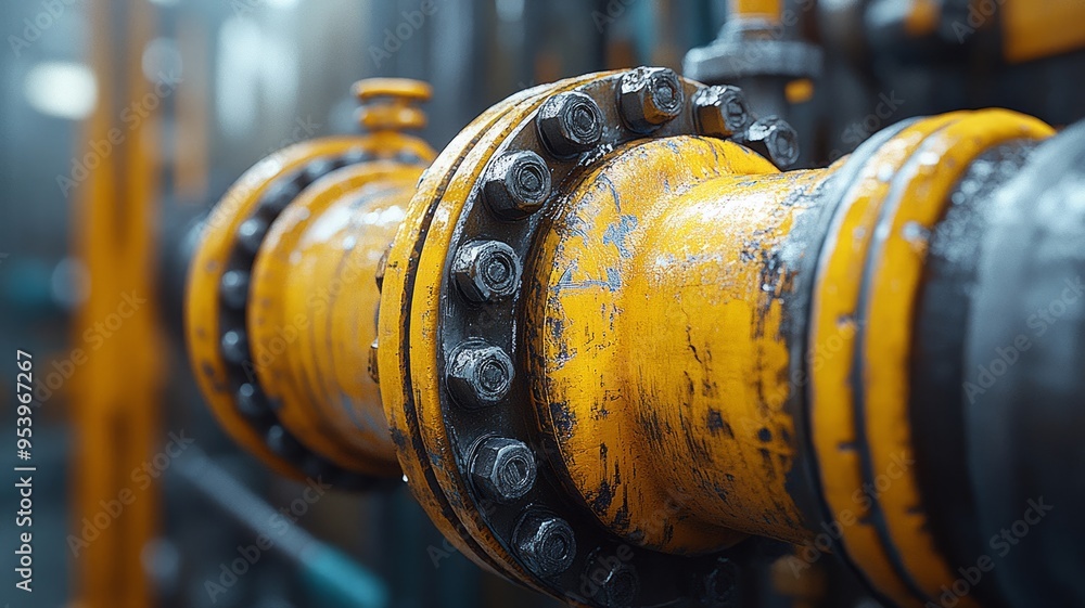 Obraz premium Yellow industrial pipeline with rust in a factory setting