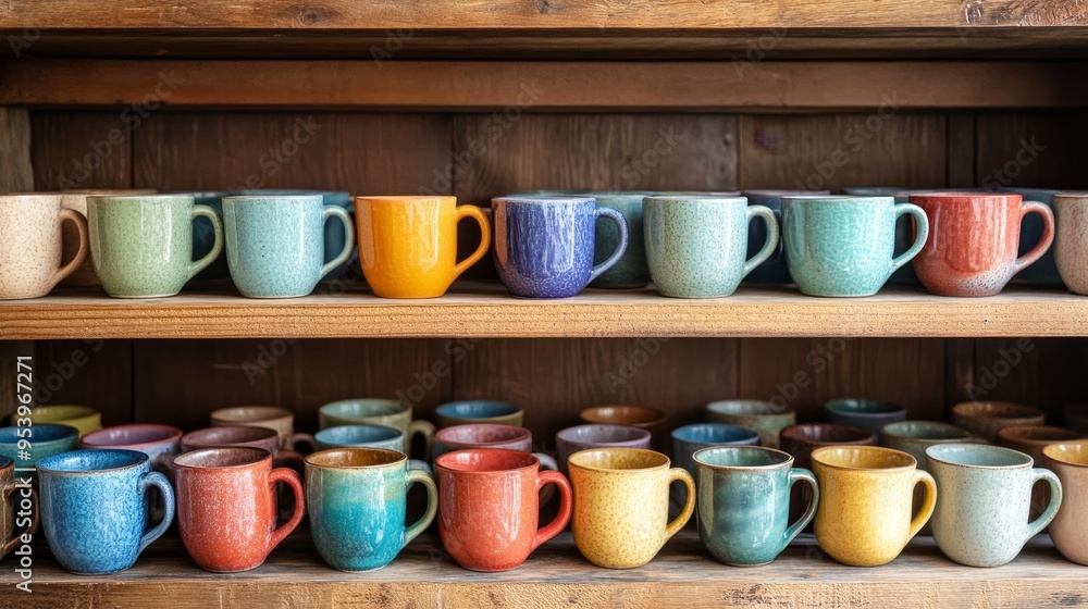 Handmade ceramic mugs on shelves crafts composition background Handmade ceramic mugs on shelves crafts composition background