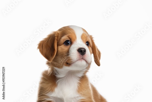 puppy sitting on a white surface looking up at the camera 