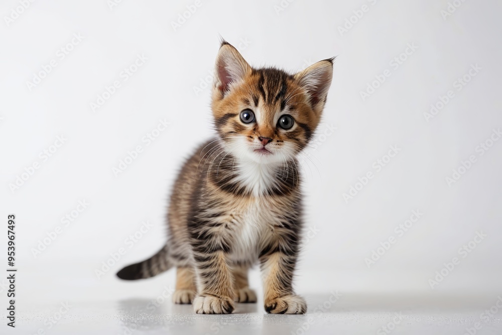 there is a small kitten standing on a white surface there is a small kitten standing on a white surface