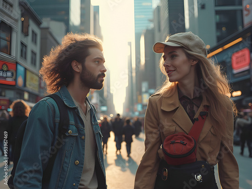 The bustling metropolis is alive with activity as business and business honk in the wind. One of the world's most diverse people, a lanky man and a lively woman, generative ai 